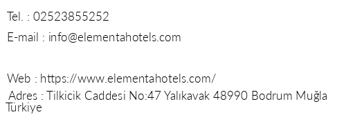 Elementa Boutique Hotel telefon numaralar, faks, e-mail, posta adresi ve iletiim bilgileri